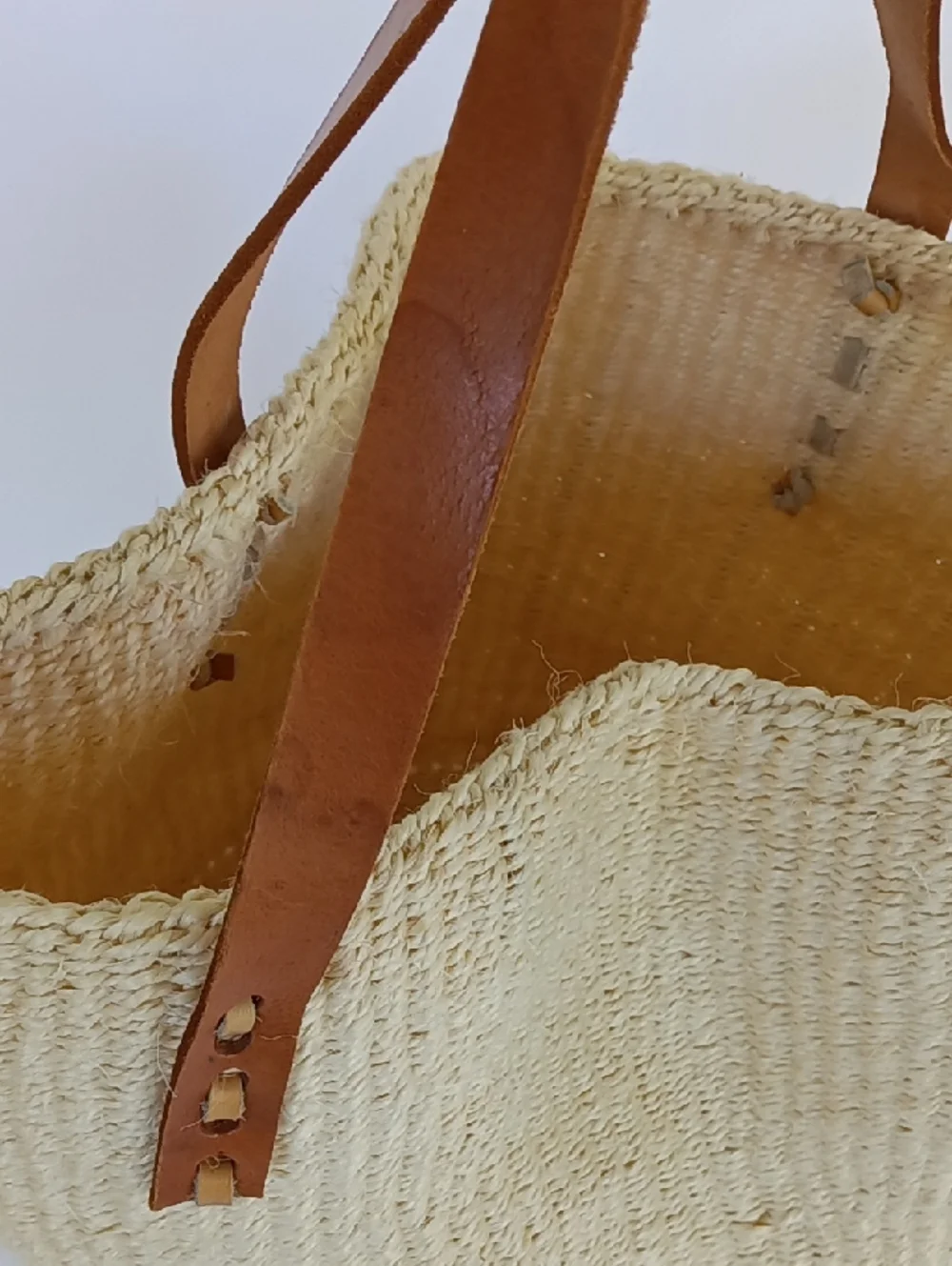 Handwoven Sisal Kenyan Kiondo Market Basket Bag Leather Handles